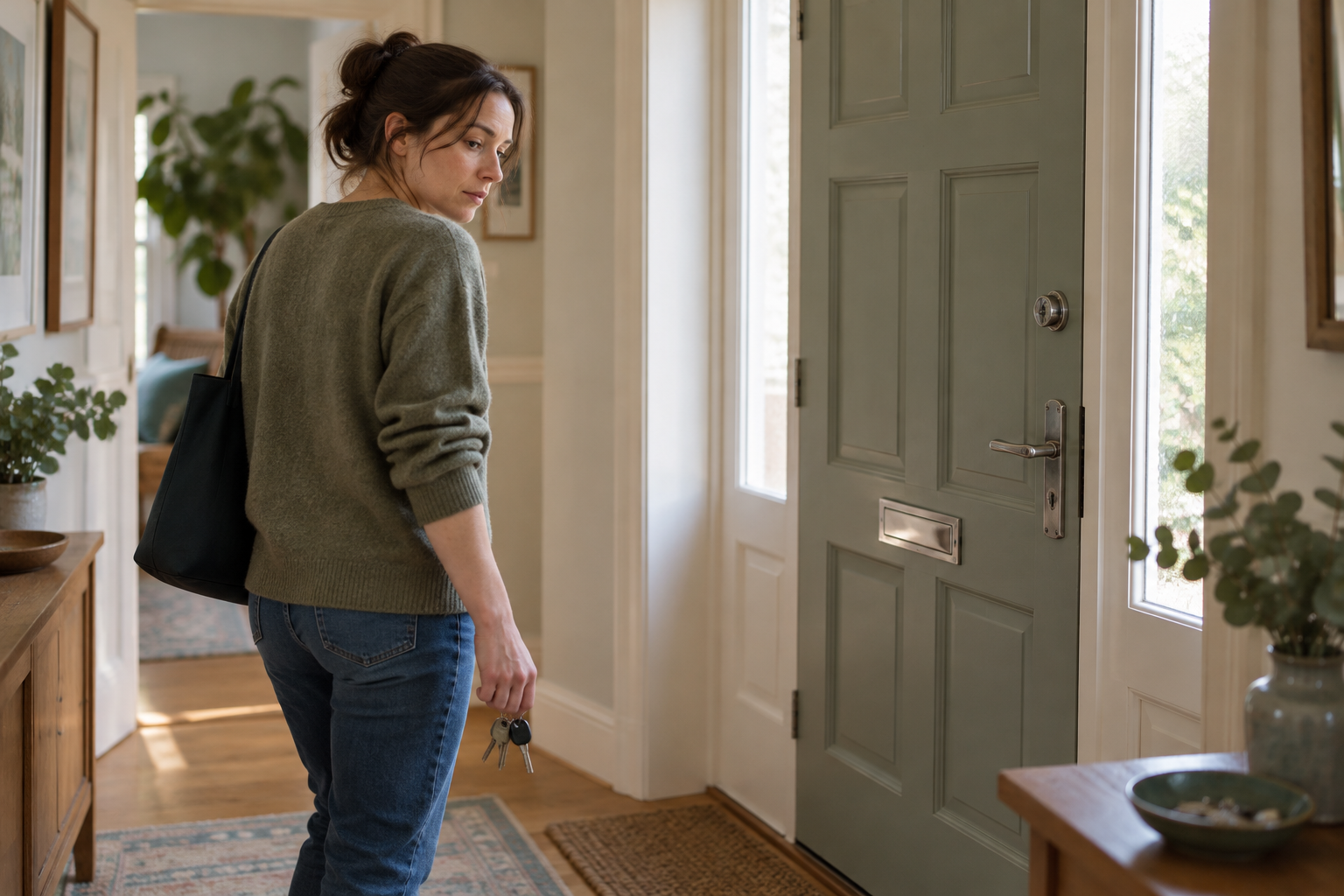 A woman holding keys pauses by a closed front door and looks back towards the lock