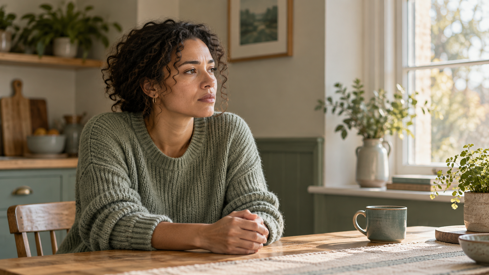 A woman sitting quietly at a kitchen table beside a window