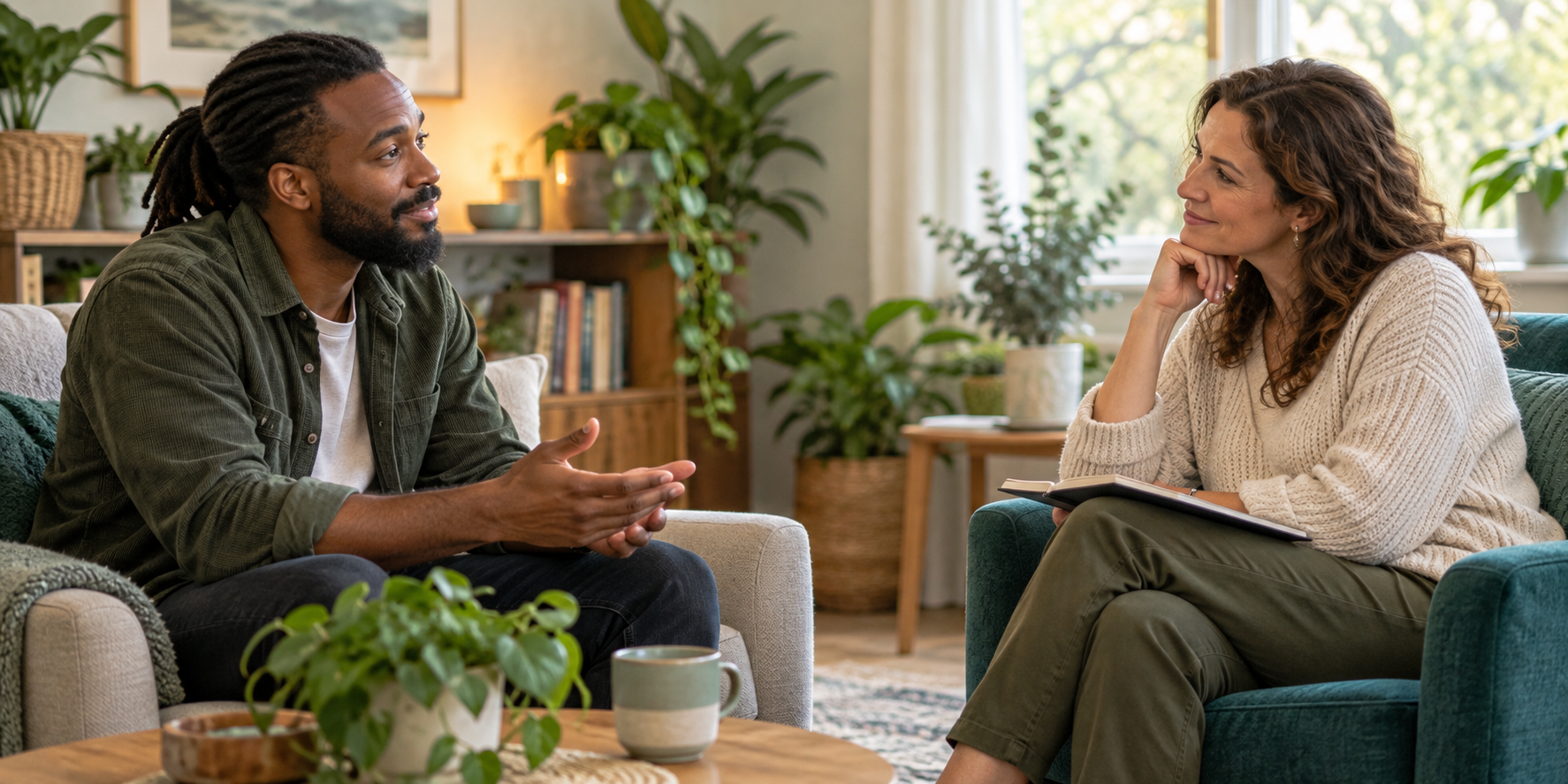 Two adults at equal eye level having a calm and supportive conversation in a warm counselling room