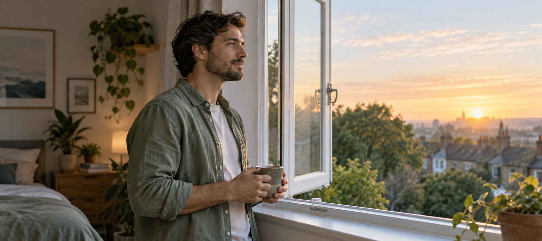 An adult standing beside an open window in the gentle morning light