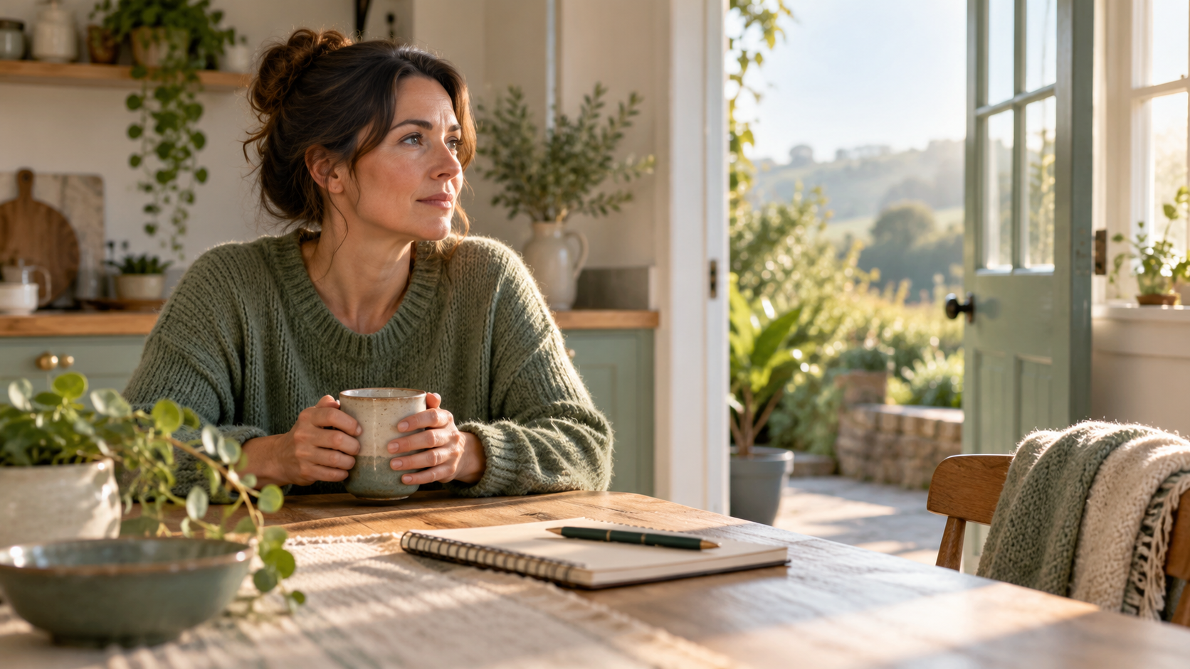 A woman sitting thoughtfully at a kitchen table beside an open doorway