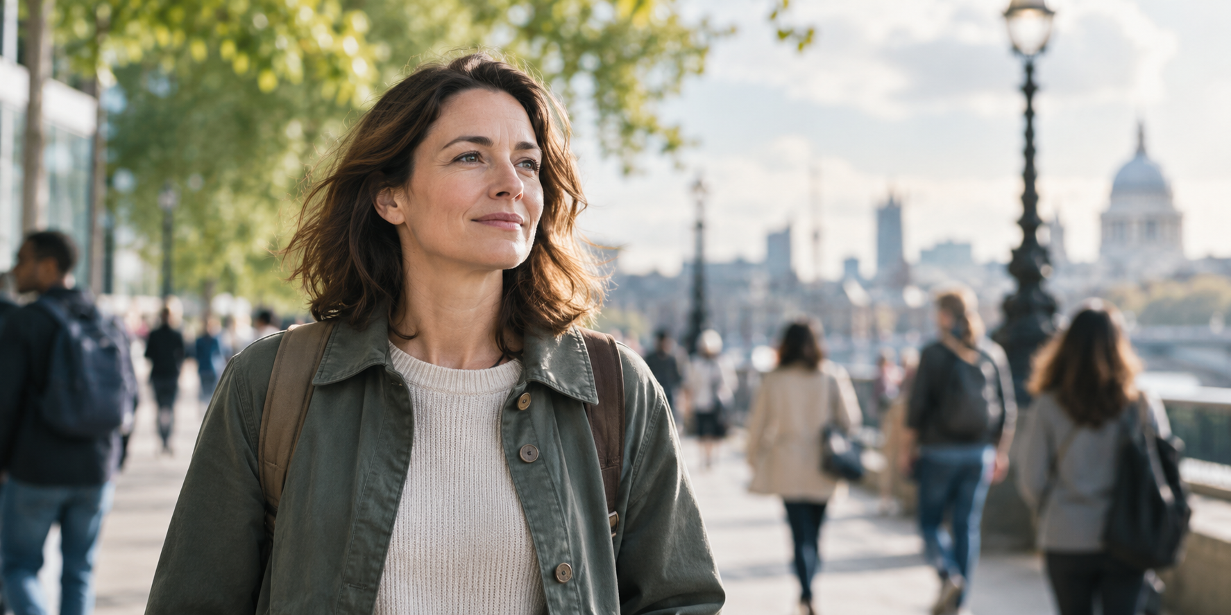 A woman standing with quiet confidence among people in a busy London setting