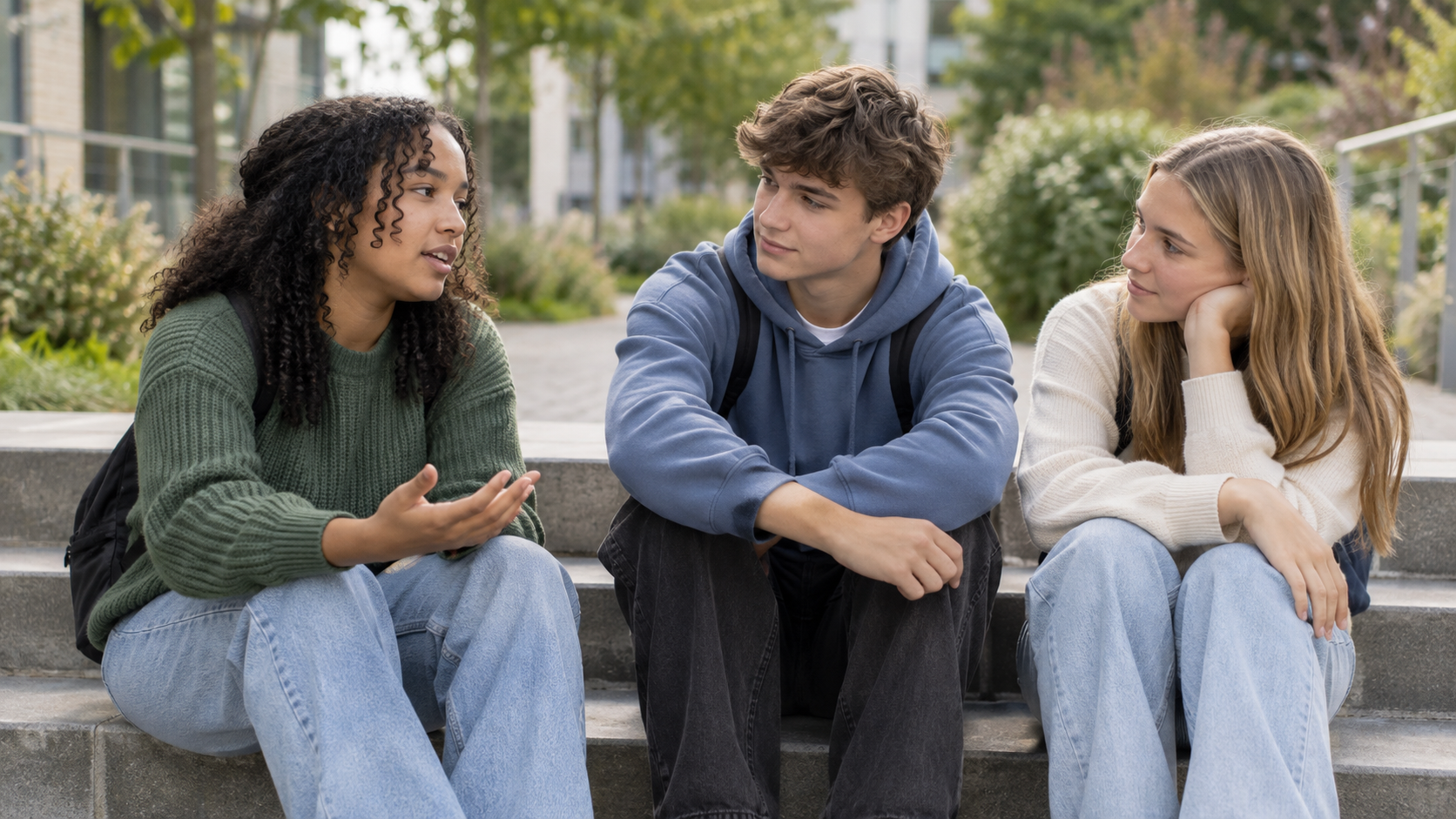 Three young people listening to one another outdoors